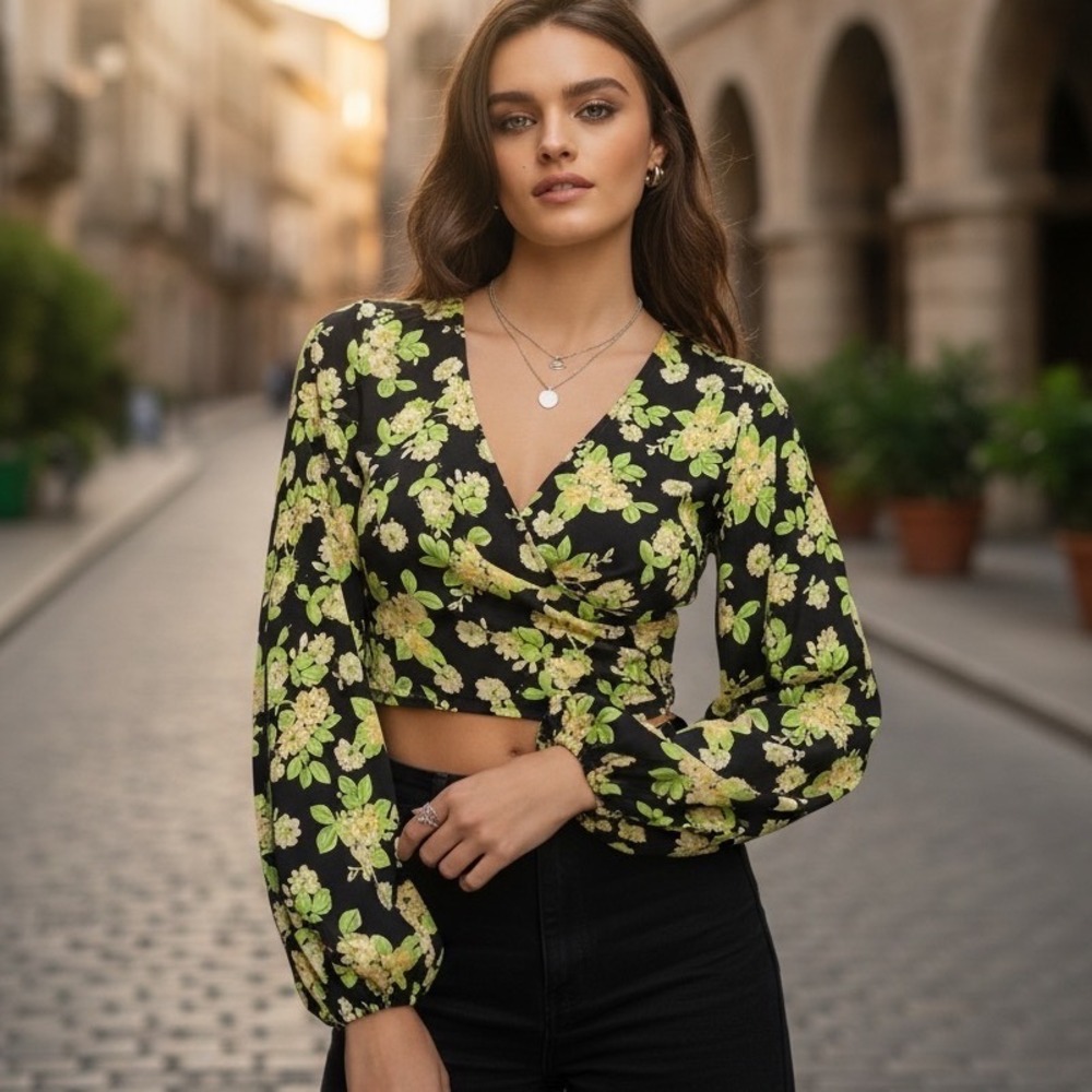 MNG Mango Floral Crop Top Black Lime Green Balloon Sleeve Cottagecore Fairy Boho - Picture 13 of 15